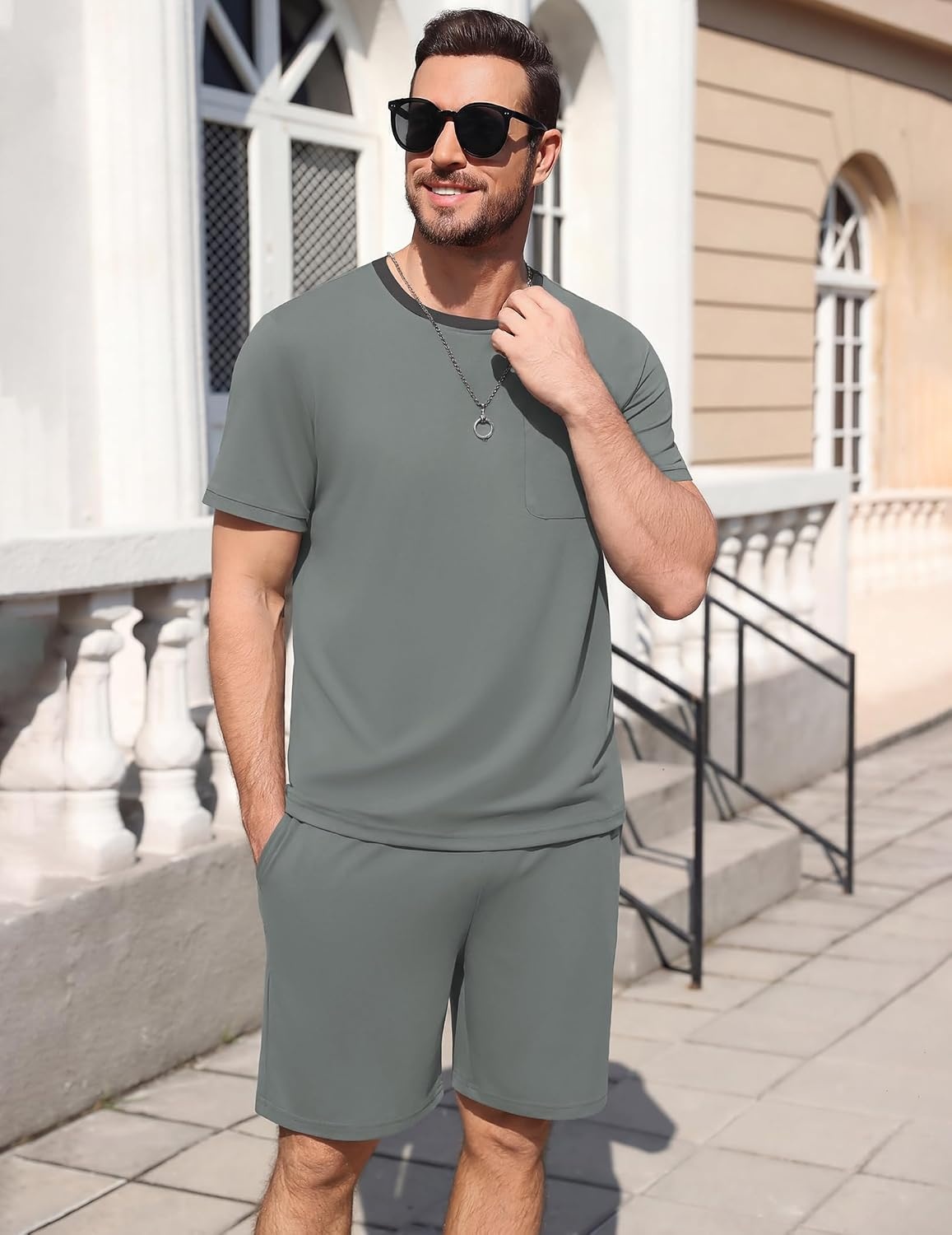 image:imageEkouaer Mens Pajamas Sets Shorts Soft Short Sleeve Pjs Round Neck Summer Sleepwear Soft Casual Sleep Nightwear Lounge Sets Pants with Pockets SXXLSage Green
