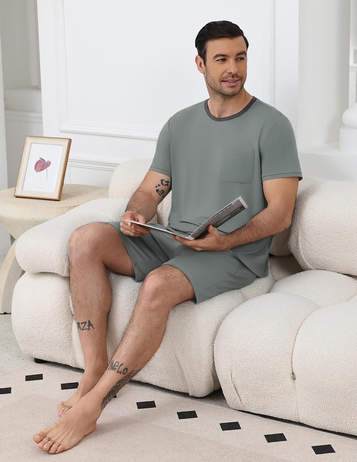 image:imageEkouaer Mens Pajamas Sets Shorts Soft Short Sleeve Pjs Round Neck Summer Sleepwear Soft Casual Sleep Nightwear Lounge Sets Pants with Pockets SXXLSage Green