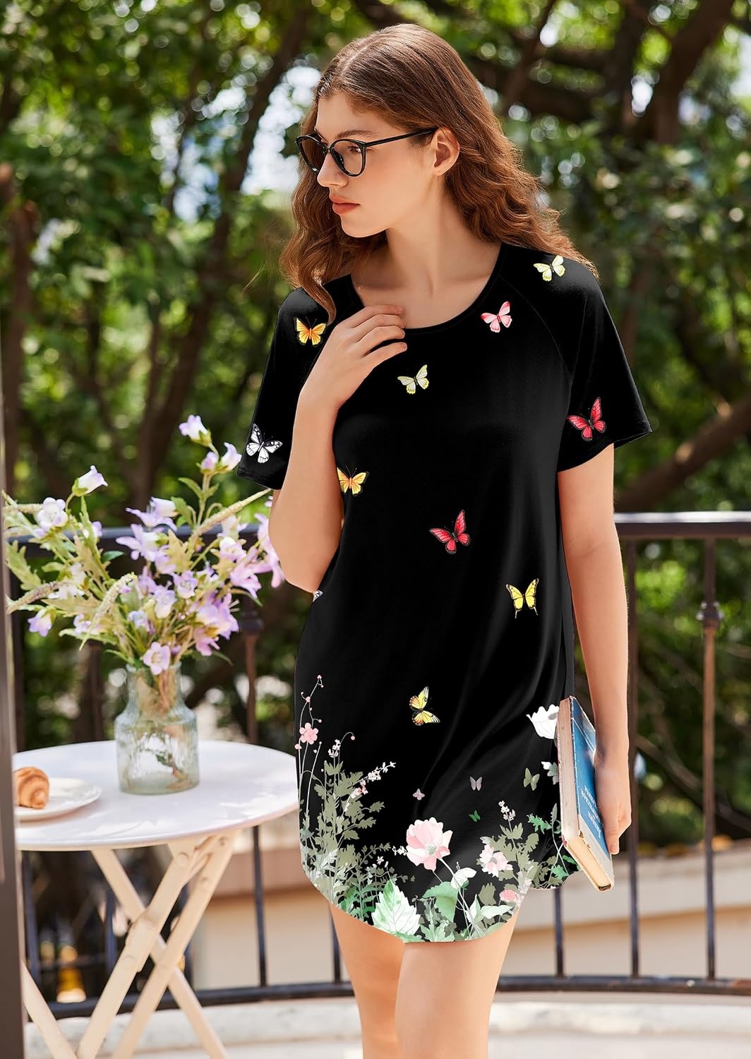 image:imageEkouaer Nightgowns for Women 3 Pack Sleep Shirts Short Sleeve Nightshirt Pullover Nightdress Soft Sleepwear Pullover Crew Neck Moo Moos Plus Size Print Night Shirt Casual Tshirt Night Dress Ladies Comfy Lounge Dress Home PartyNavy BlueGreyBlack Floral
