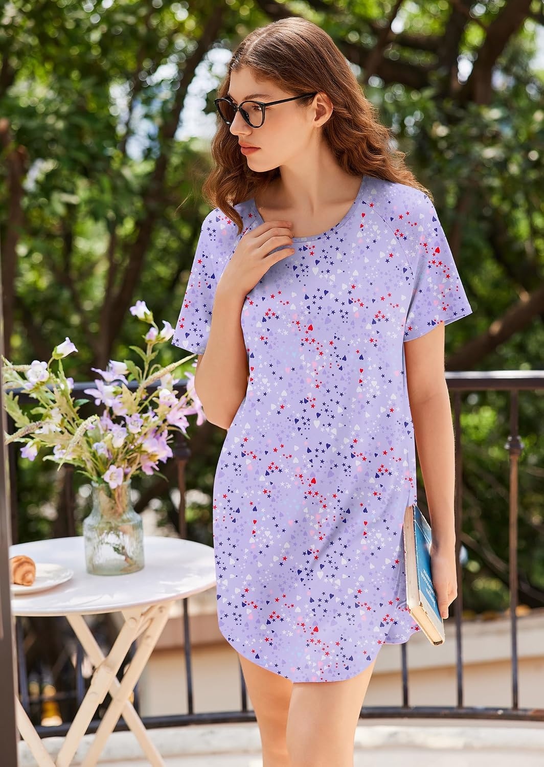 image:imageEkouaer Nightgowns for Women 3 Pack Sleep Shirts Short Sleeve Nightshirt Pullover Nightdress Soft Sleepwear Pullover Crew Neck Moo Moos Plus Size Print Night Shirt Casual Tshirt Night Dress Ladies Comfy Lounge Dress Home PartyNavy BlueGreyPurple Star