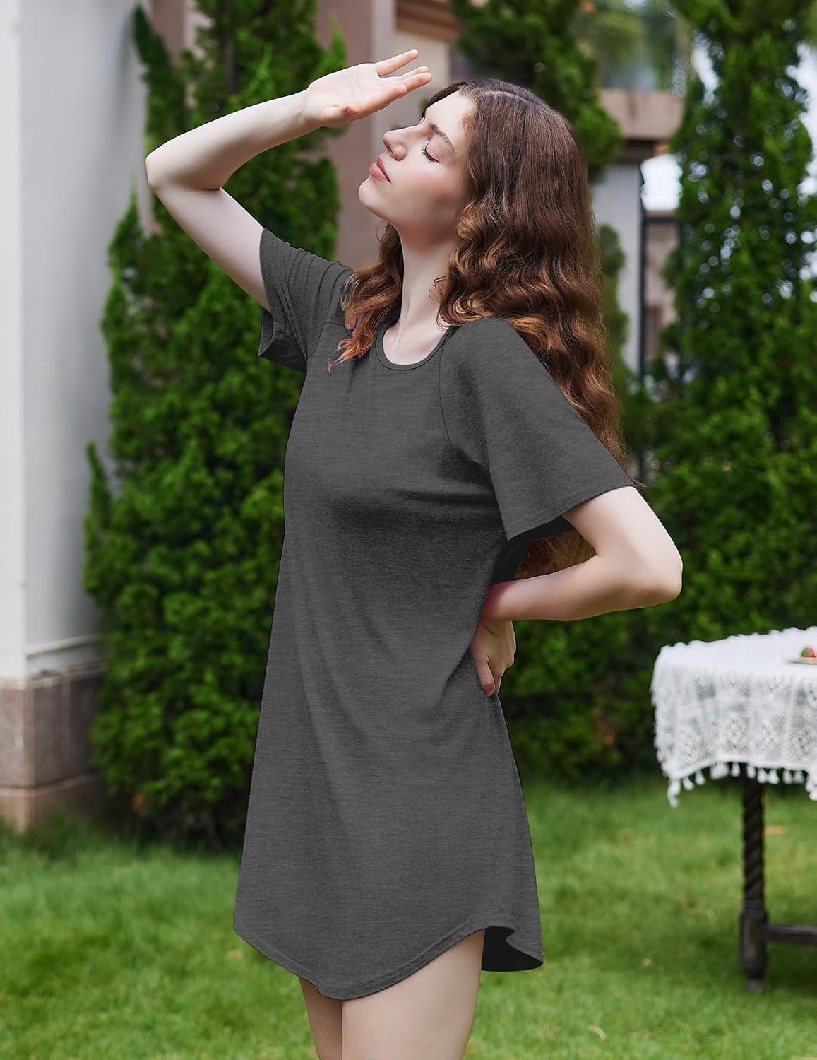 image:imageEkouaer Nightgowns for Women 3 Pack Sleep Shirts Short Sleeve Nightshirt Pullover Nightdress Soft Sleepwear Pullover Crew Neck Moo Moos Plus Size Print Night Shirt Casual Tshirt Night Dress Ladies Comfy Lounge Dress Home PartyBlackDark GreyGrey Stripes