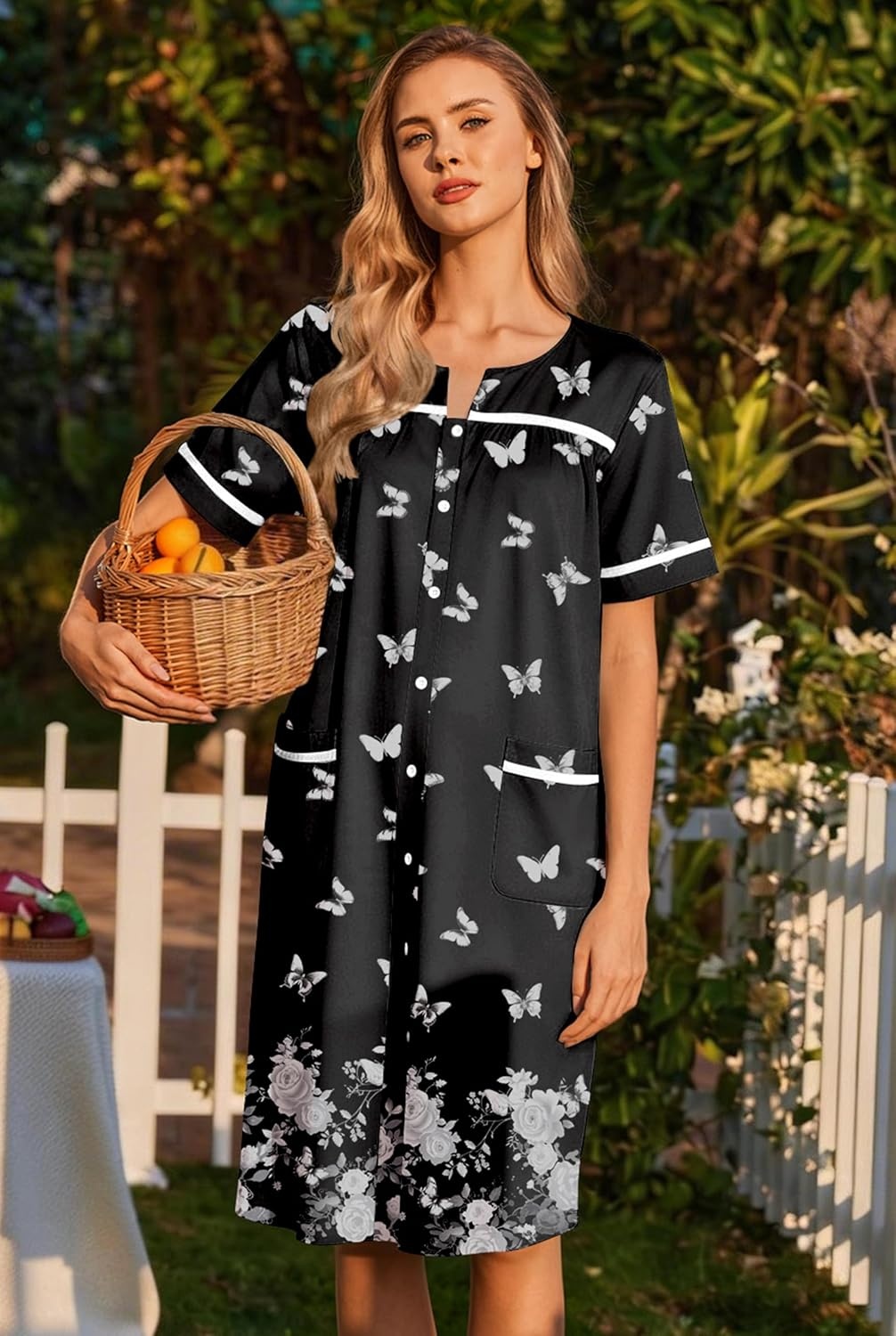 image:imageEkouaer Nightgowns for Women House Dress with Pockets Button Down Sleepshirt Short Sleeve Nightshirt Housecoat Button Up Night GownsShort Sleeve HousecoatMoo Moos for Elderly WomenLabor and Delivery Gown for Pregnant and PostpartumBlack Butterfly Flower