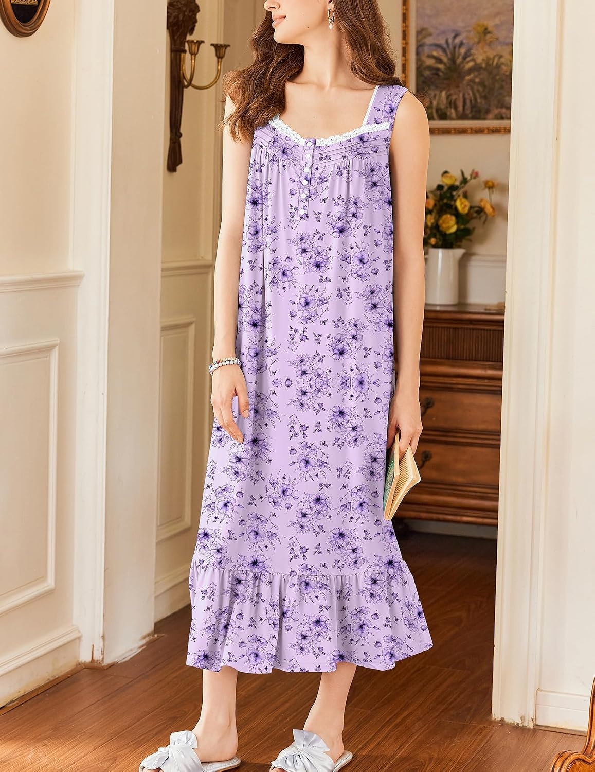 image:imageEkouaer Nightgowns for Women Long Sleeveless Night Gown Button Sleepshirt Victorian NightdressButton SleepshirtSummer Sleep DressSoft Sleepwear Suitable for SleepLoungeDaily WearDark Purple Floral