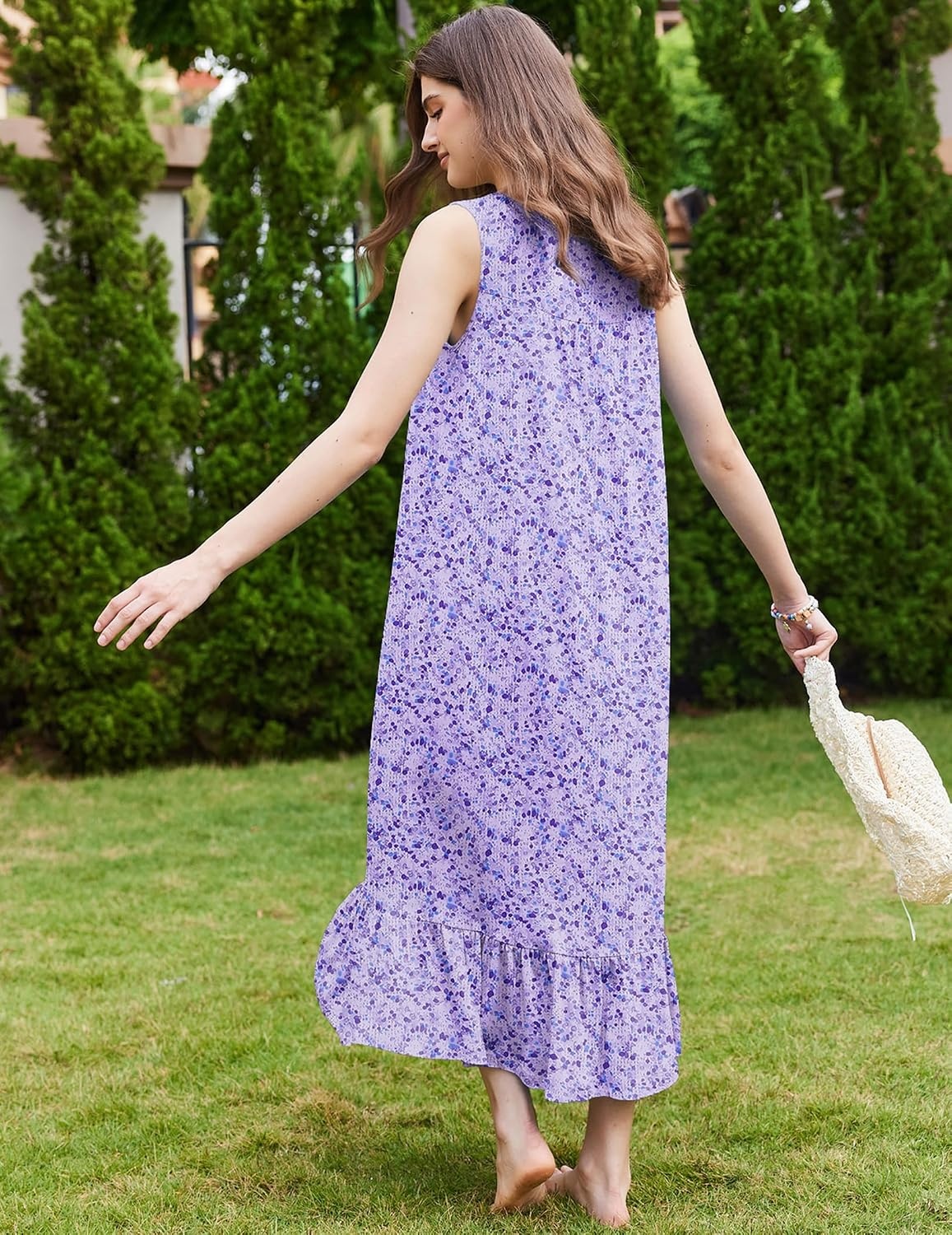 image:imageEkouaer Nightgowns for Women Long Sleeveless Night Gown Button Sleepshirt Victorian NightdressButton SleepshirtSummer Sleep DressSoft Sleepwear Suitable for SleepLoungeDaily WearPurple Dots