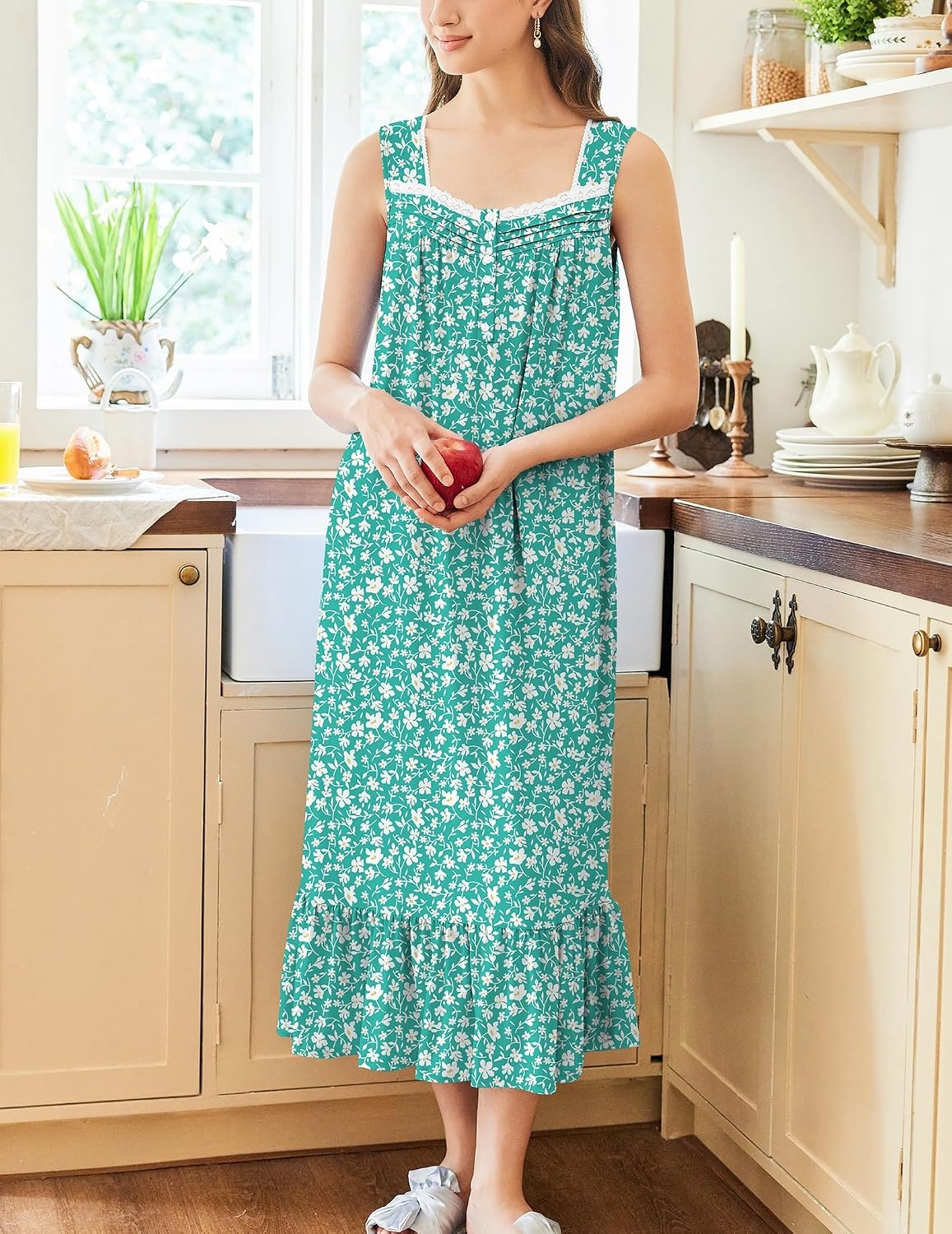 image:imageEkouaer Nightgowns for Women Long Sleeveless Night Gown Button Sleepshirt Victorian NightdressButton SleepshirtSummer Sleep DressSoft Sleepwear Suitable for SleepLoungeDaily WearGreen Floral