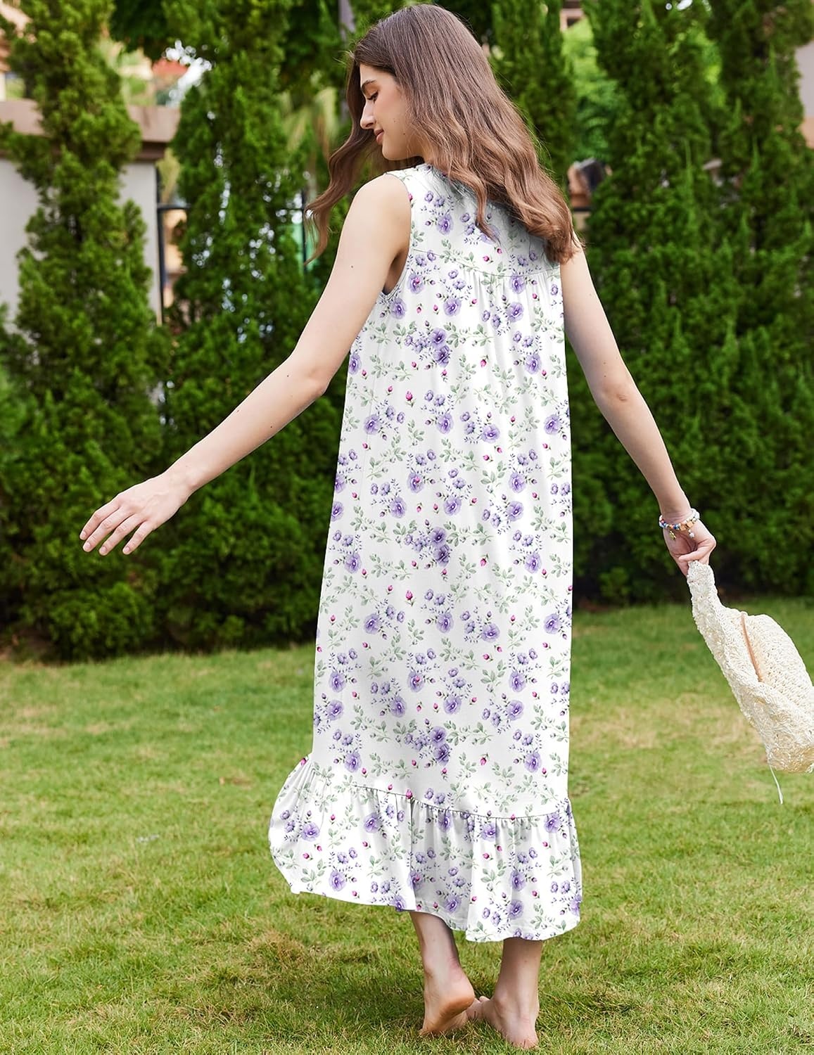 image:imageEkouaer Nightgowns for Women Long Sleeveless Night Gown Button Sleepshirt Victorian NightdressButton SleepshirtSummer Sleep DressSoft Sleepwear Suitable for SleepLoungeDaily WearWhite Purple Floral