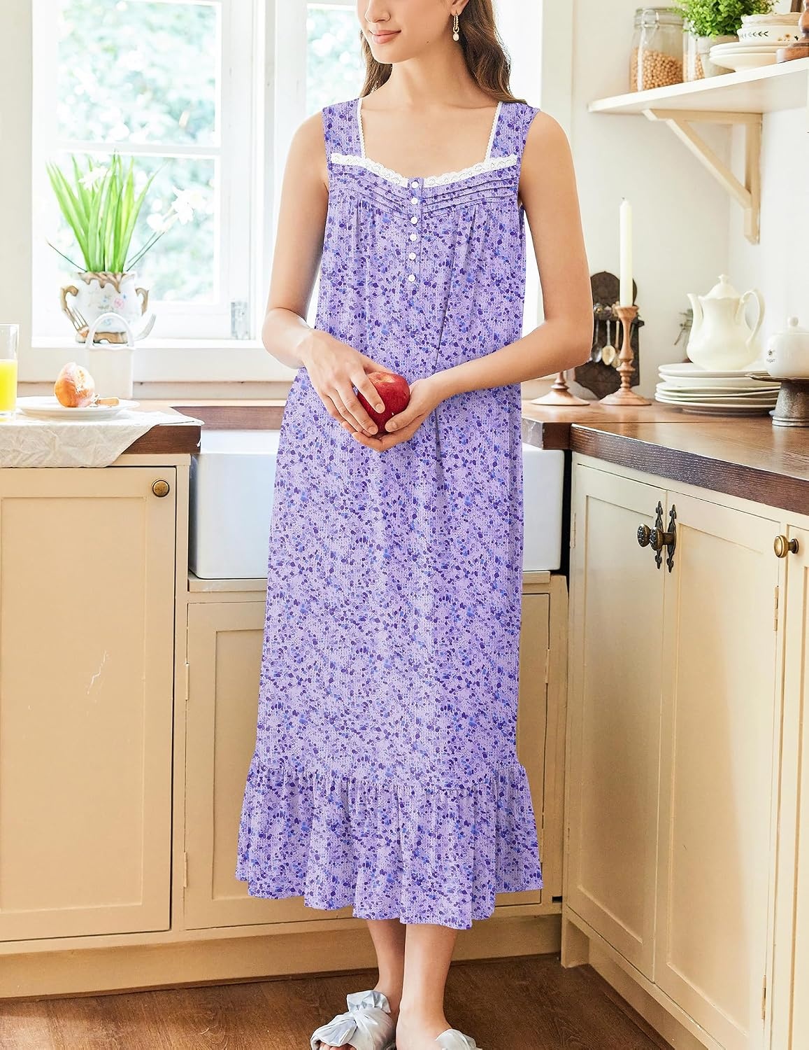 image:imageEkouaer Nightgowns for Women Long Sleeveless Night Gown Button Sleepshirt Victorian NightdressButton SleepshirtSummer Sleep DressSoft Sleepwear Suitable for SleepLoungeDaily WearPurple Dots