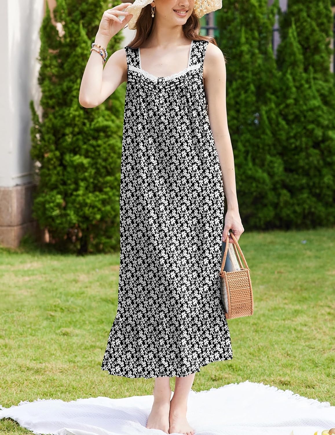 image:imageEkouaer Nightgowns for Women Long Sleeveless Night Gown Button Sleepshirt Victorian NightdressButton SleepshirtSummer Sleep DressSoft Sleepwear Suitable for SleepLoungeDaily WearBlack Floral