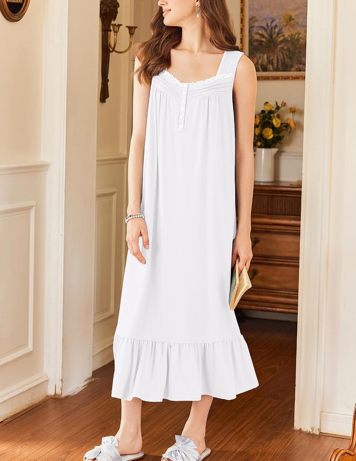 image:imageEkouaer Nightgowns for Women Long Sleeveless Night Gown Button Sleepshirt Victorian NightdressButton SleepshirtSummer Sleep DressSoft Sleepwear Suitable for SleepLoungeDaily WearWhite