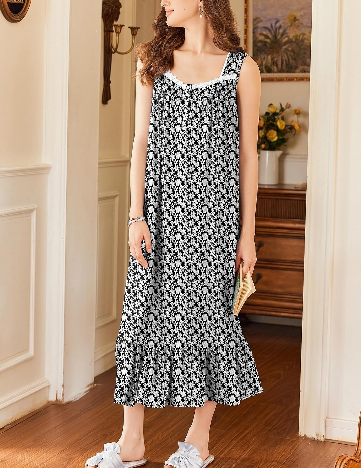 image:imageEkouaer Nightgowns for Women Long Sleeveless Night Gown Button Sleepshirt Victorian NightdressButton SleepshirtSummer Sleep DressSoft Sleepwear Suitable for SleepLoungeDaily WearBlack Floral