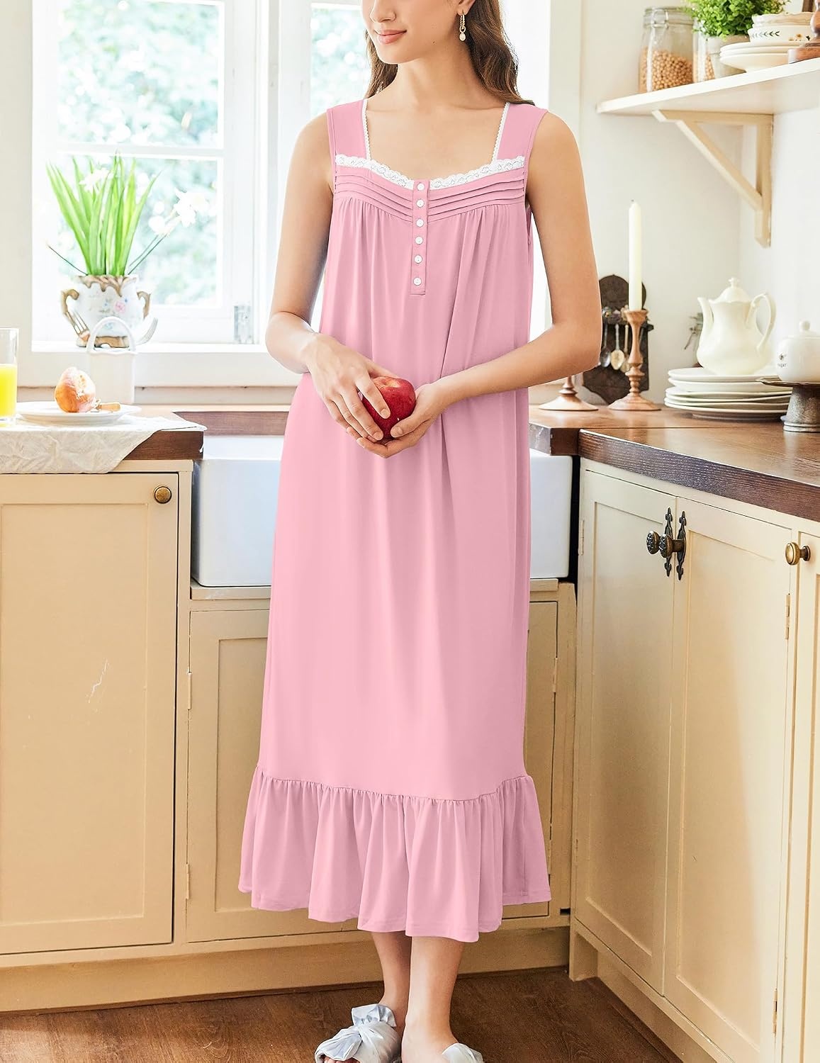 image:imageEkouaer Nightgowns for Women Long Sleeveless Night Gown Button Sleepshirt Victorian NightdressButton SleepshirtSummer Sleep DressSoft Sleepwear Suitable for SleepLoungeDaily WearPink