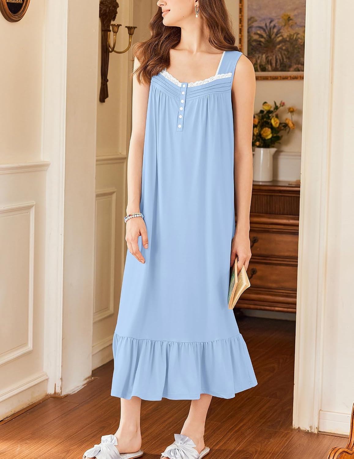 image:imageEkouaer Nightgowns for Women Long Sleeveless Night Gown Button Sleepshirt Victorian NightdressButton SleepshirtSummer Sleep DressSoft Sleepwear Suitable for SleepLoungeDaily WearLight Blue