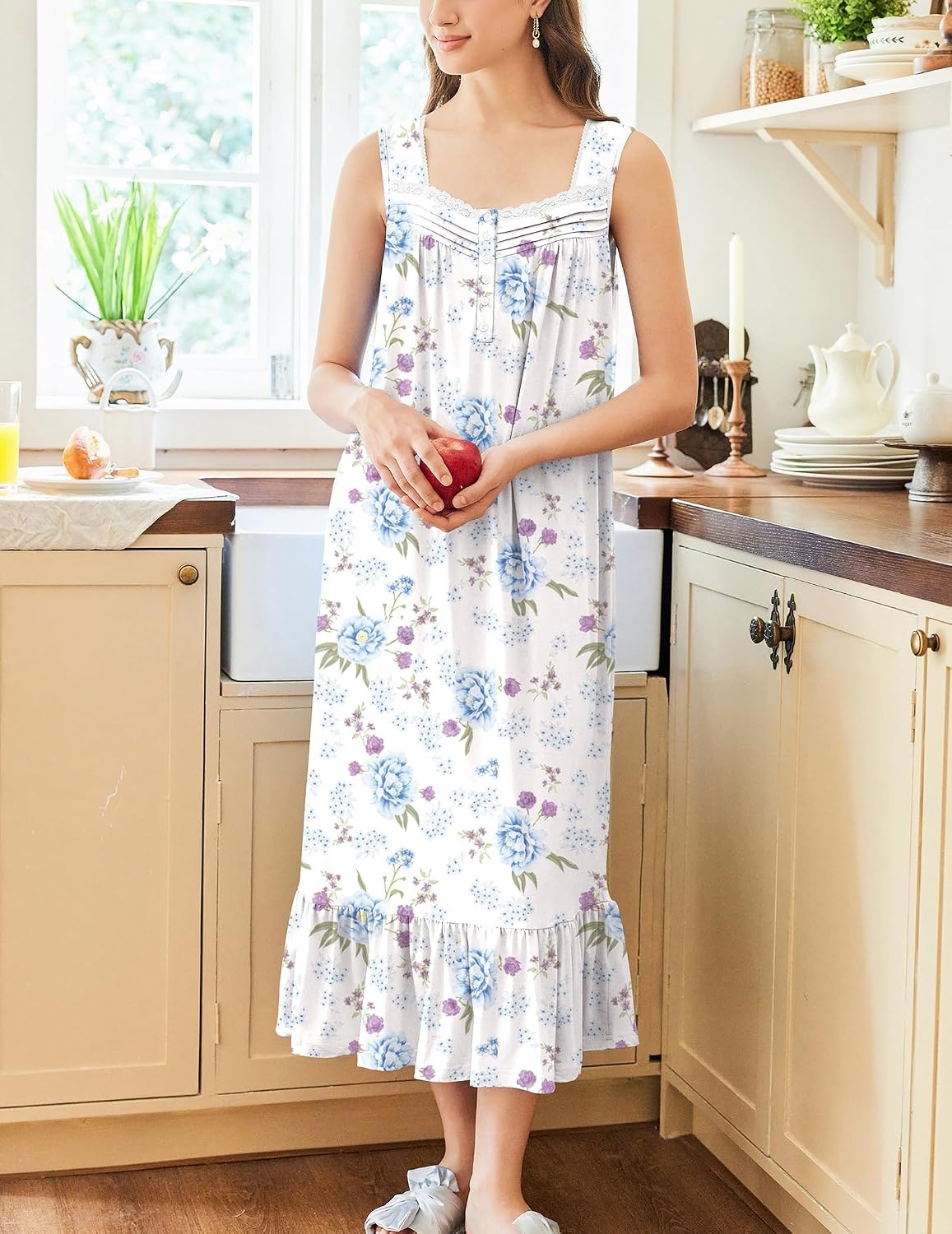 image:imageEkouaer Nightgowns for Women Long Sleeveless Night Gown Button Sleepshirt Victorian NightdressButton SleepshirtSummer Sleep DressSoft Sleepwear Suitable for SleepLoungeDaily WearBlue Flower