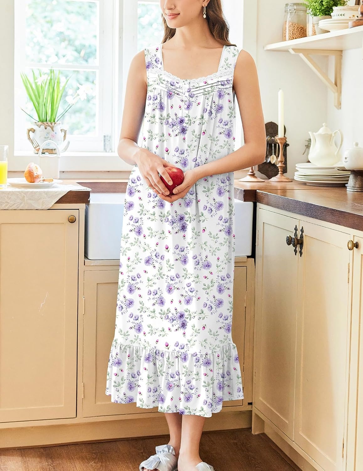 image:imageEkouaer Nightgowns for Women Long Sleeveless Night Gown Button Sleepshirt Victorian NightdressButton SleepshirtSummer Sleep DressSoft Sleepwear Suitable for SleepLoungeDaily WearWhite Purple Floral