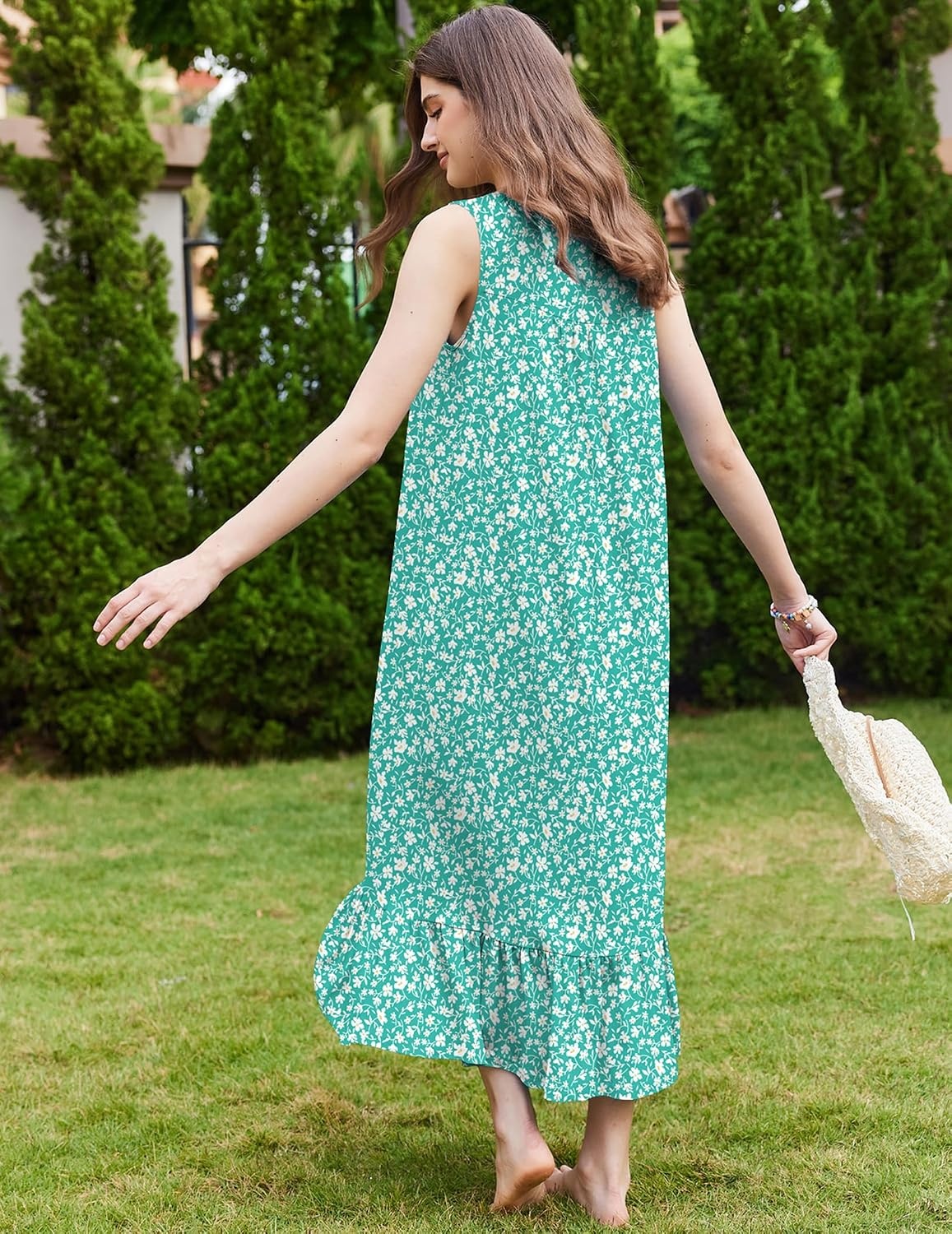 image:imageEkouaer Nightgowns for Women Long Sleeveless Night Gown Button Sleepshirt Victorian NightdressButton SleepshirtSummer Sleep DressSoft Sleepwear Suitable for SleepLoungeDaily WearGreen Floral