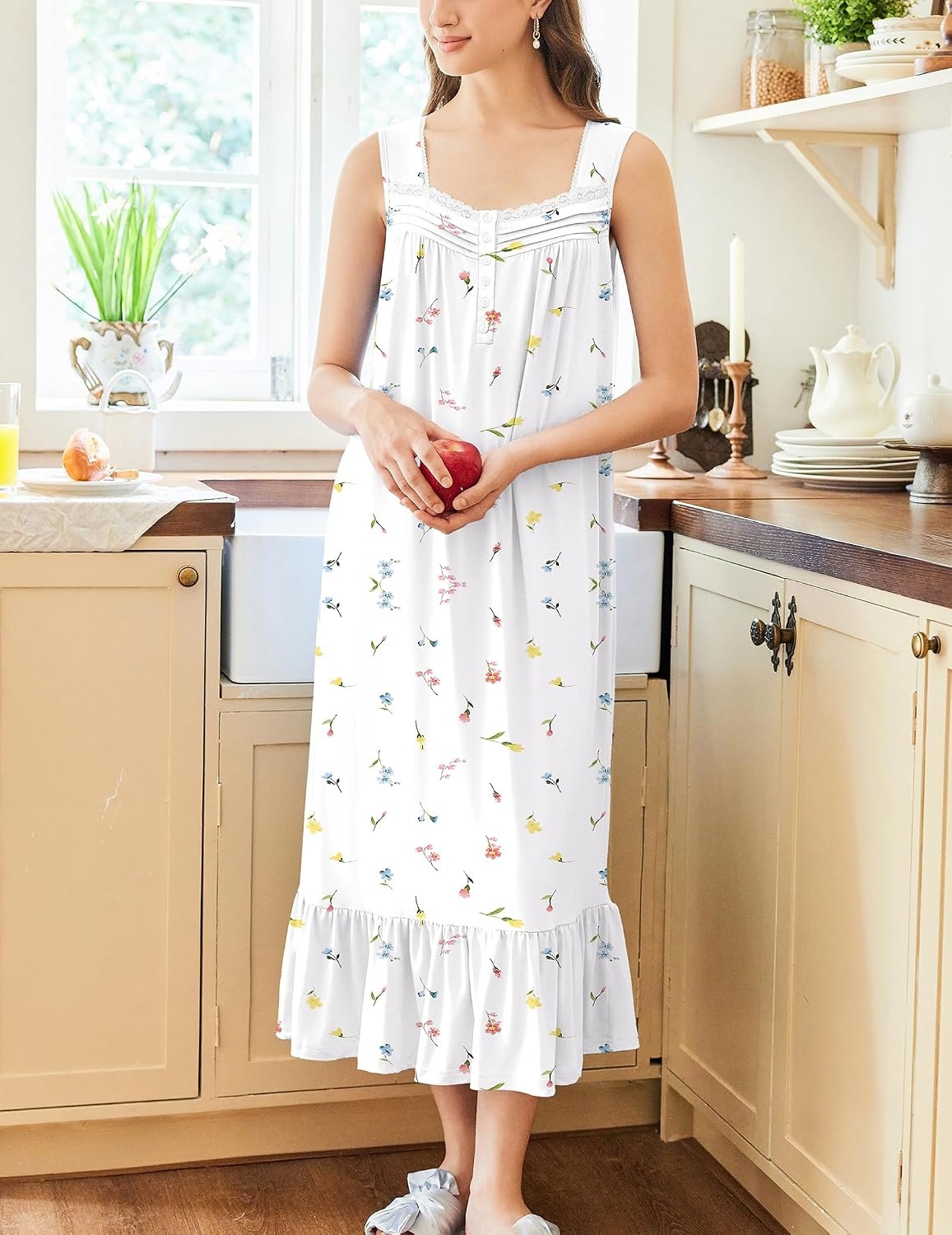 image:imageEkouaer Nightgowns for Women Long Sleeveless Night Gown Button Sleepshirt Victorian NightdressButton SleepshirtSummer Sleep DressSoft Sleepwear Suitable for SleepLoungeDaily WearWhite Floral