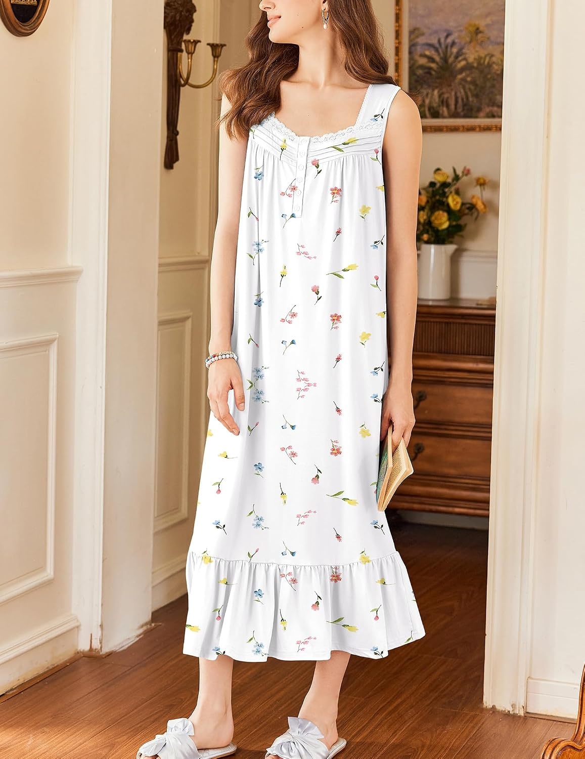 image:imageEkouaer Nightgowns for Women Long Sleeveless Night Gown Button Sleepshirt Victorian NightdressButton SleepshirtSummer Sleep DressSoft Sleepwear Suitable for SleepLoungeDaily WearWhite Floral