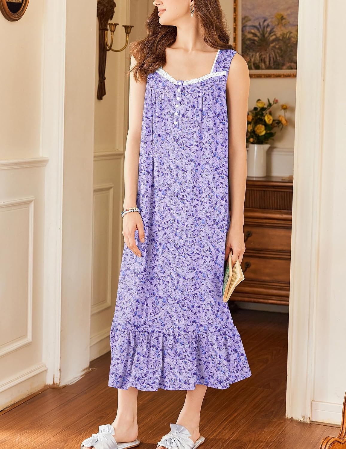 image:imageEkouaer Nightgowns for Women Long Sleeveless Night Gown Button Sleepshirt Victorian NightdressButton SleepshirtSummer Sleep DressSoft Sleepwear Suitable for SleepLoungeDaily WearPurple Dots