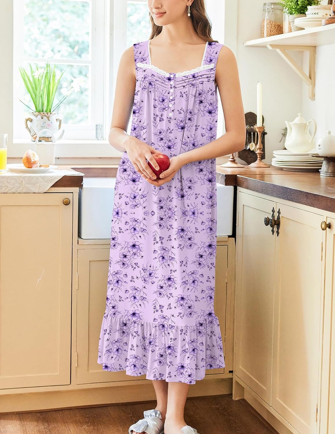 image:imageEkouaer Nightgowns for Women Long Sleeveless Night Gown Button Sleepshirt Victorian NightdressButton SleepshirtSummer Sleep DressSoft Sleepwear Suitable for SleepLoungeDaily WearDark Purple Floral