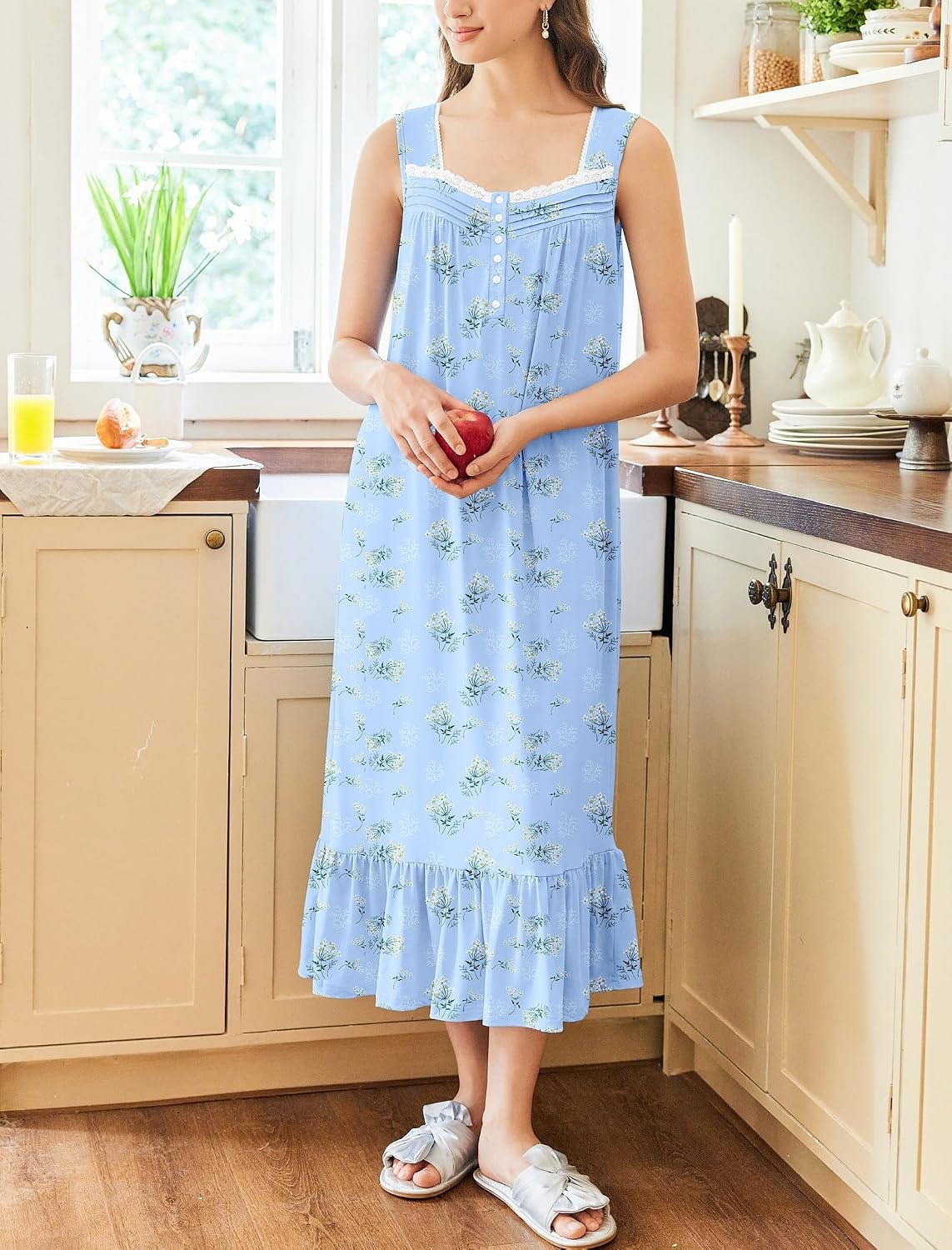 image:imageEkouaer Nightgowns for Women Long Sleeveless Night Gown Button Sleepshirt Victorian NightdressButton SleepshirtSummer Sleep DressSoft Sleepwear Suitable for SleepLoungeDaily WearBlue Flowers