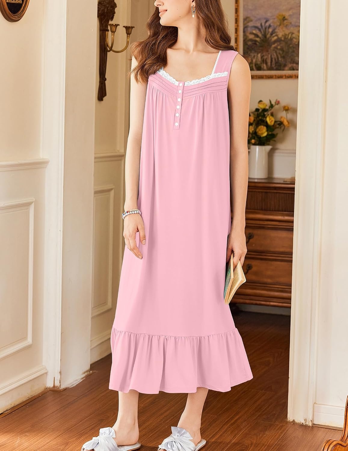 image:imageEkouaer Nightgowns for Women Long Sleeveless Night Gown Button Sleepshirt Victorian NightdressButton SleepshirtSummer Sleep DressSoft Sleepwear Suitable for SleepLoungeDaily WearPink