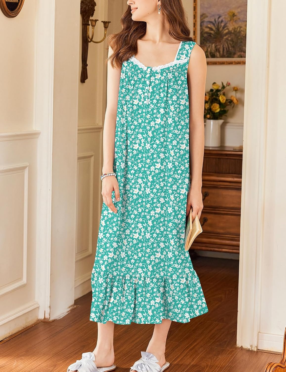 image:imageEkouaer Nightgowns for Women Long Sleeveless Night Gown Button Sleepshirt Victorian NightdressButton SleepshirtSummer Sleep DressSoft Sleepwear Suitable for SleepLoungeDaily WearGreen Floral
