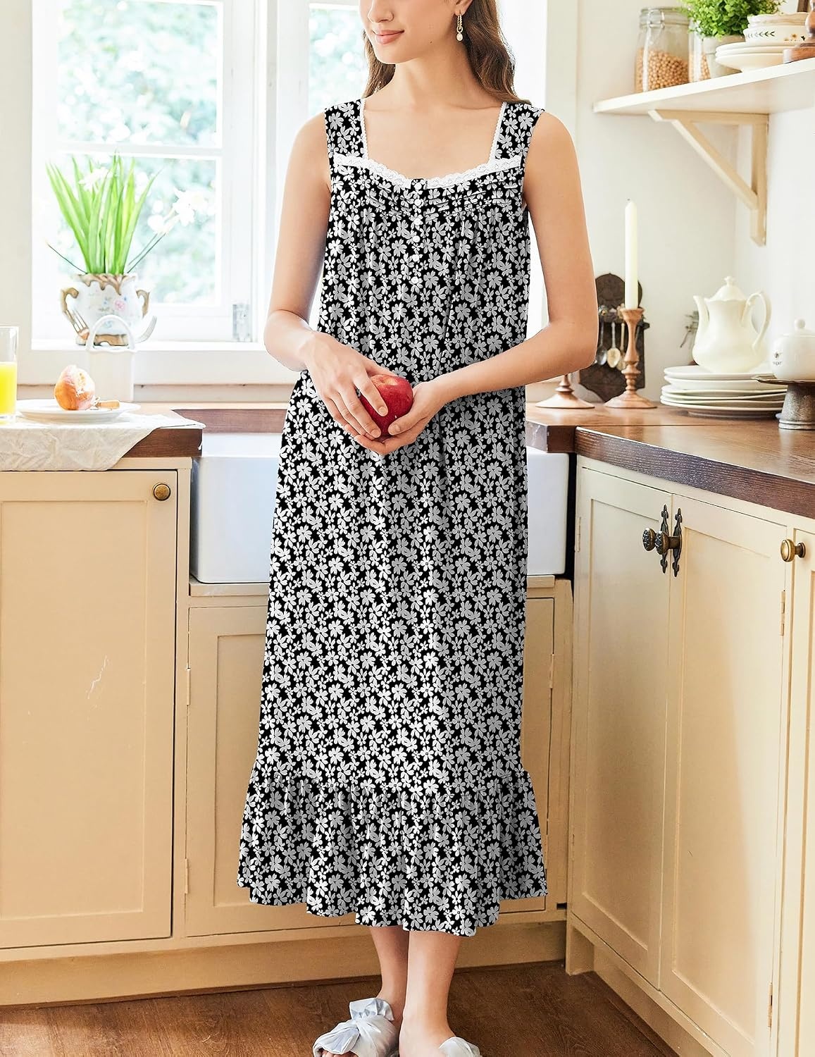 image:imageEkouaer Nightgowns for Women Long Sleeveless Night Gown Button Sleepshirt Victorian NightdressButton SleepshirtSummer Sleep DressSoft Sleepwear Suitable for SleepLoungeDaily WearBlack Floral
