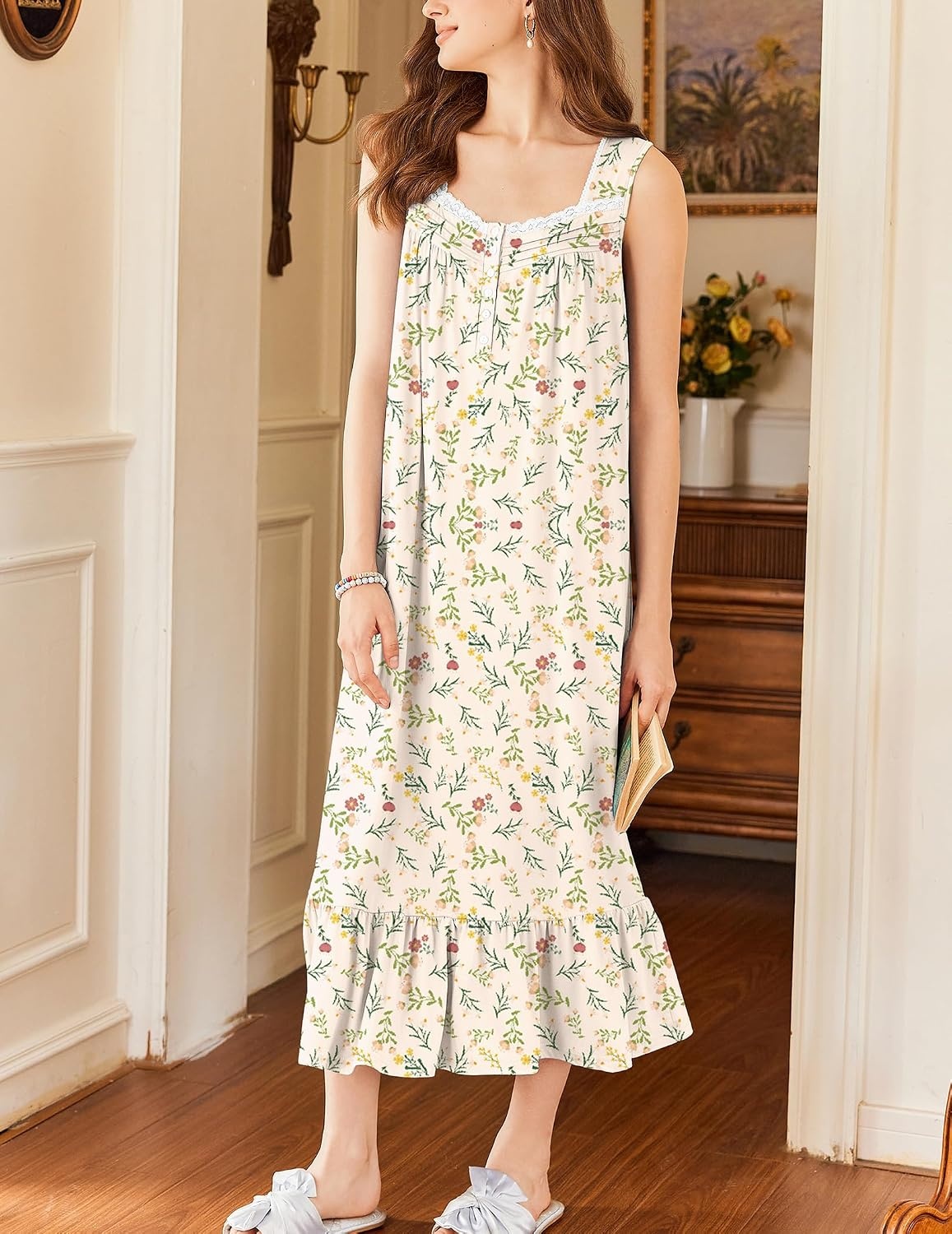 image:imageEkouaer Nightgowns for Women Long Sleeveless Night Gown Button Sleepshirt Victorian NightdressButton SleepshirtSummer Sleep DressSoft Sleepwear Suitable for SleepLoungeDaily WearBeige Floral