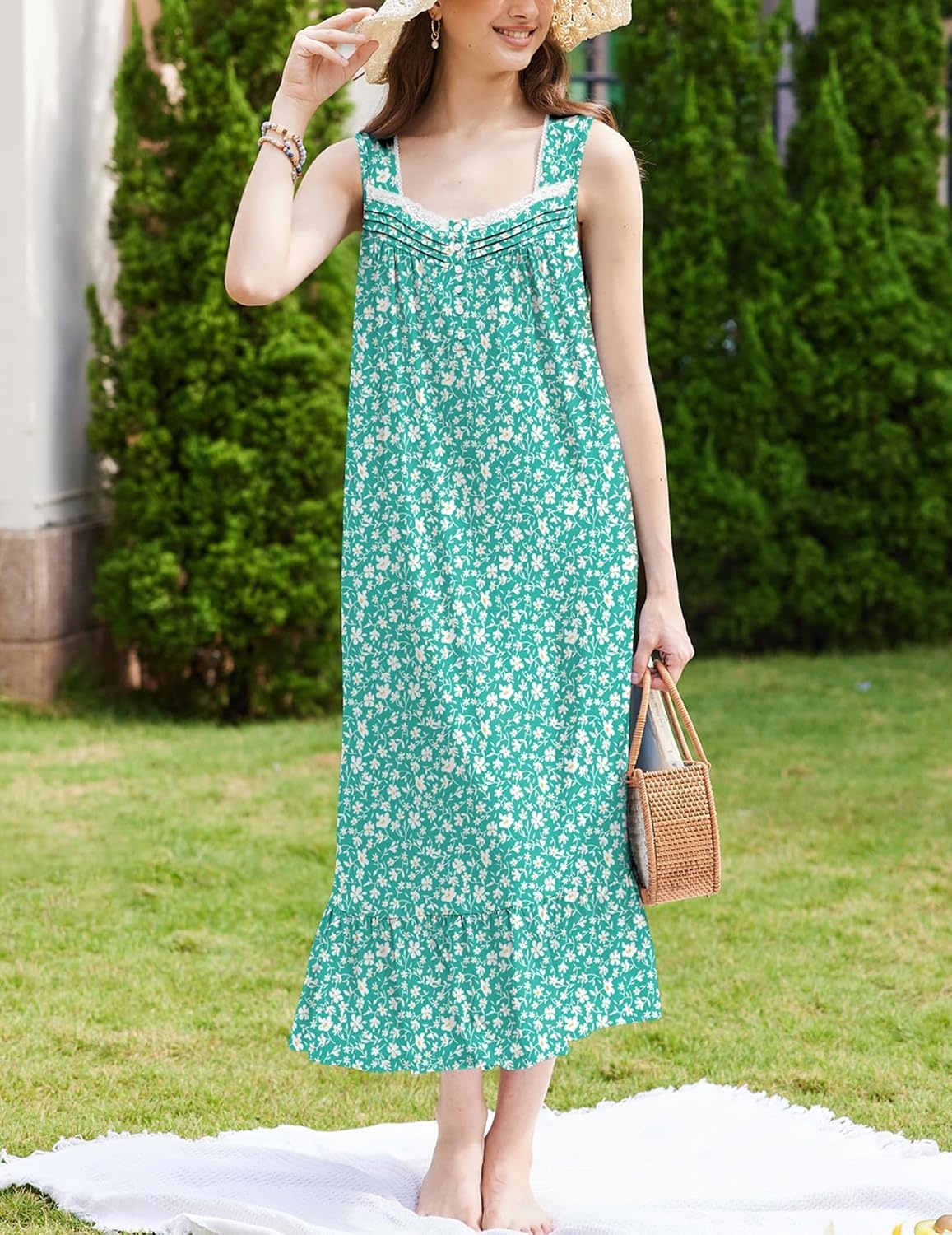 image:imageEkouaer Nightgowns for Women Long Sleeveless Night Gown Button Sleepshirt Victorian NightdressButton SleepshirtSummer Sleep DressSoft Sleepwear Suitable for SleepLoungeDaily WearGreen Floral