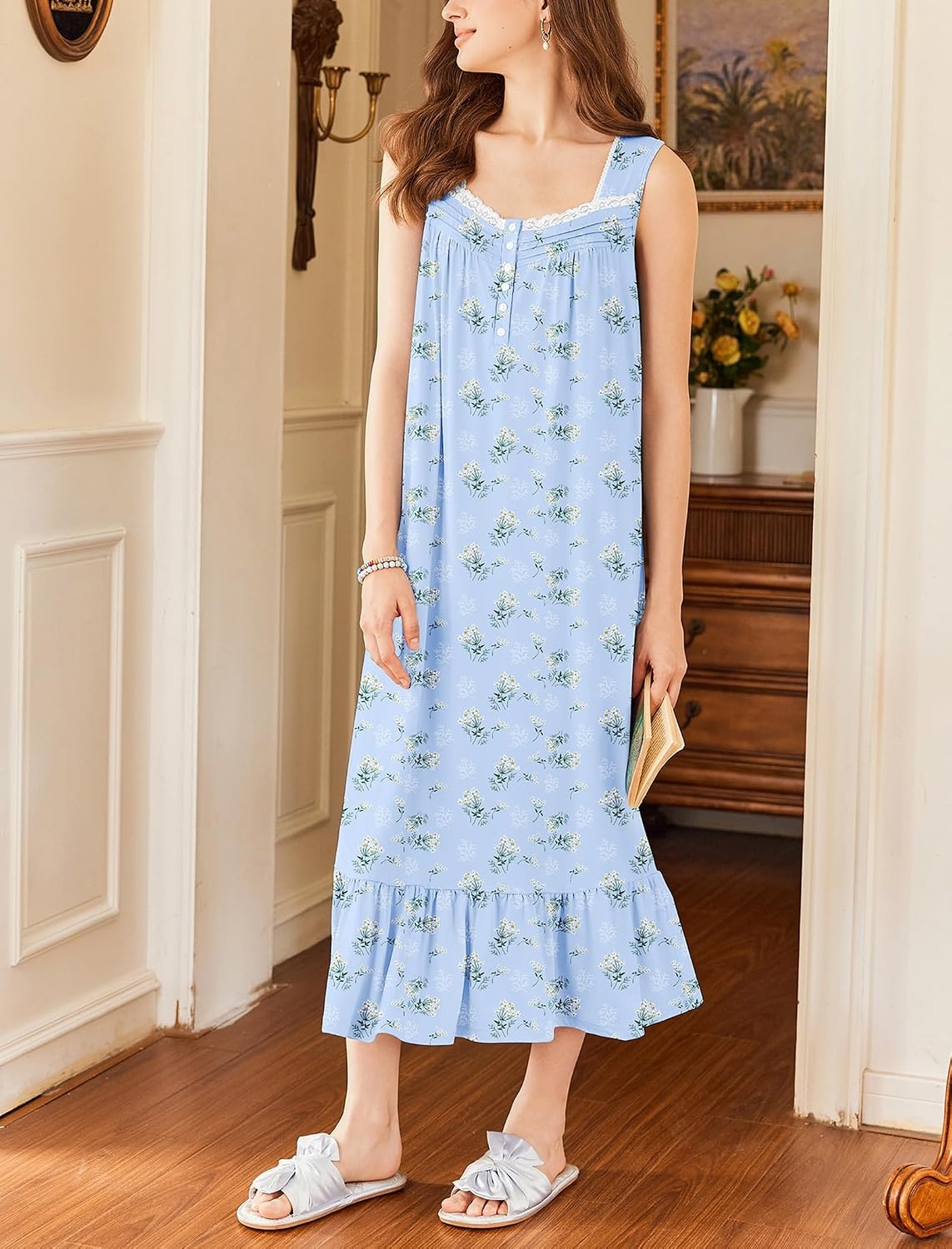 image:imageEkouaer Nightgowns for Women Long Sleeveless Night Gown Button Sleepshirt Victorian NightdressButton SleepshirtSummer Sleep DressSoft Sleepwear Suitable for SleepLoungeDaily WearBlue Flowers