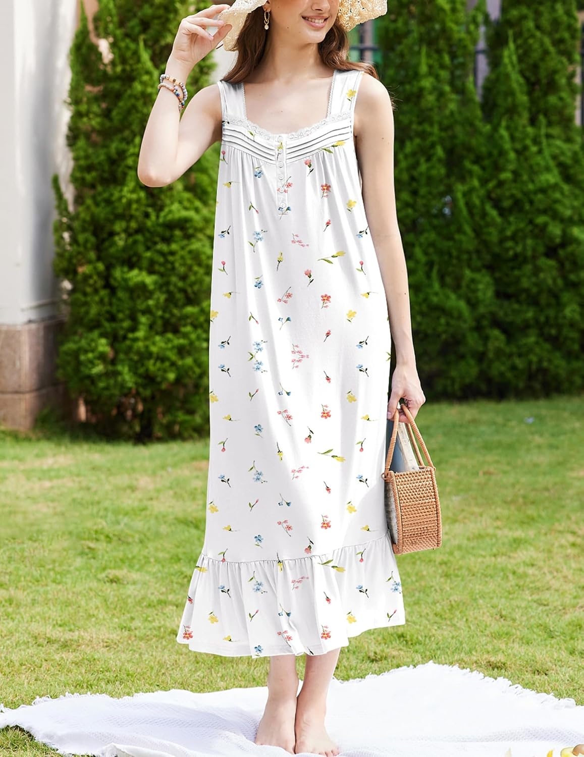 image:imageEkouaer Nightgowns for Women Long Sleeveless Night Gown Button Sleepshirt Victorian NightdressButton SleepshirtSummer Sleep DressSoft Sleepwear Suitable for SleepLoungeDaily WearWhite Floral