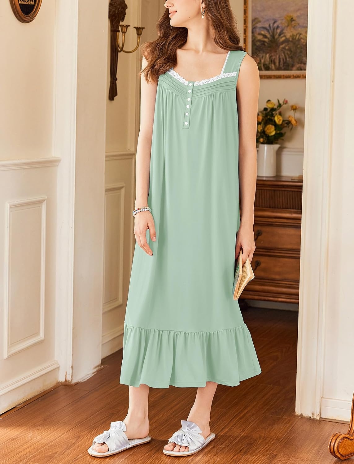 image:imageEkouaer Nightgowns for Women Long Sleeveless Night Gown Button Sleepshirt Victorian NightdressButton SleepshirtSummer Sleep DressSoft Sleepwear Suitable for SleepLoungeDaily WearLight Green
