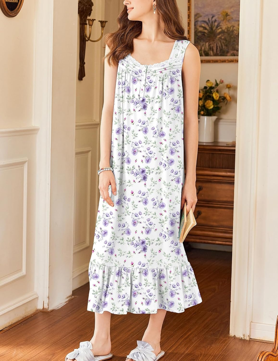 image:imageEkouaer Nightgowns for Women Long Sleeveless Night Gown Button Sleepshirt Victorian NightdressButton SleepshirtSummer Sleep DressSoft Sleepwear Suitable for SleepLoungeDaily WearWhite Purple Floral