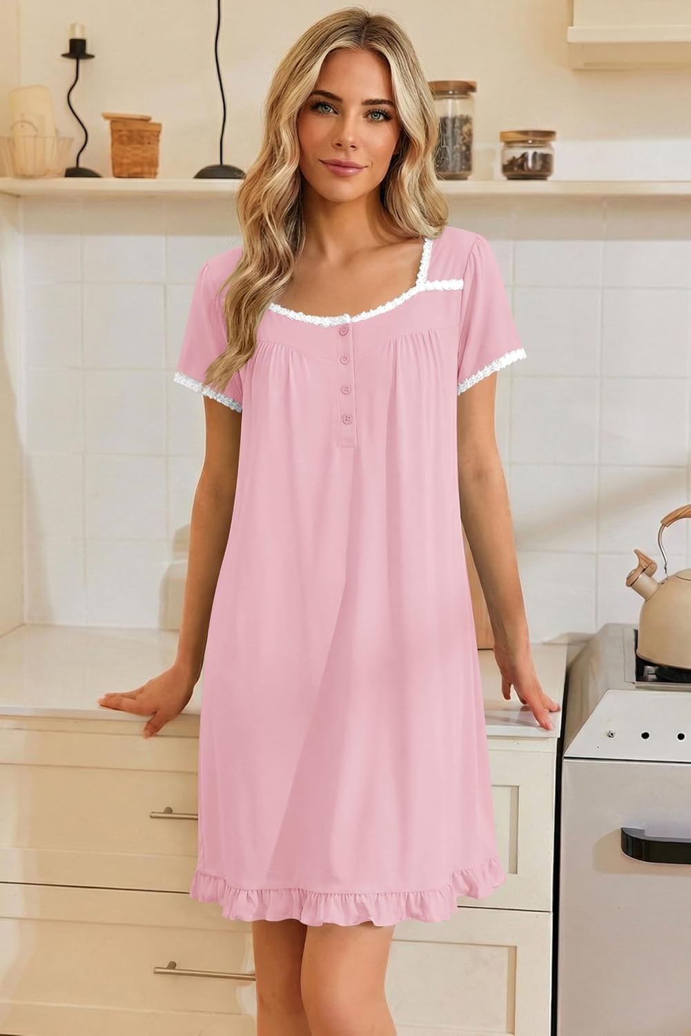 image:imageEkouaer Nightgowns for Women Short Sleeve Night Gowns Button Sleep Shirts Short Sleeve Moo Moos with Pockets Lace Trim Sleep Dress Ruffles Night Dress Sweet Sleepwear Daily Sleep Garden DatePink