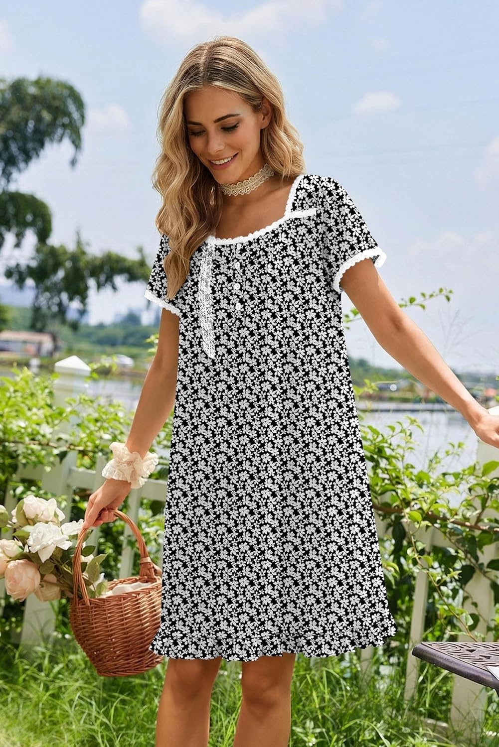 image:imageEkouaer Nightgowns for Women Short Sleeve Night Gowns Button Sleep Shirts Short Sleeve Moo Moos with Pockets Lace Trim Sleep Dress Ruffles Night Dress Sweet Sleepwear Daily Sleep Garden DateBlack Floral