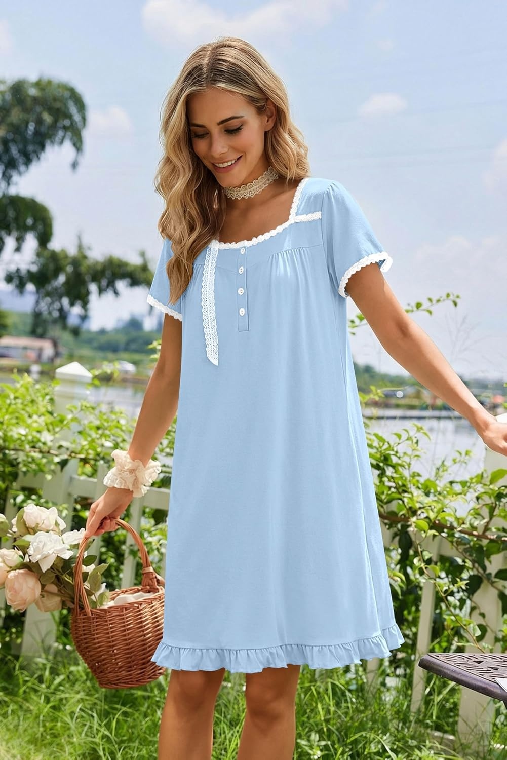 image:imageEkouaer Nightgowns for Women Short Sleeve Night Gowns Button Sleep Shirts Short Sleeve Moo Moos with Pockets Lace Trim Sleep Dress Ruffles Night Dress Sweet Sleepwear Daily Sleep Garden DateLight Blue