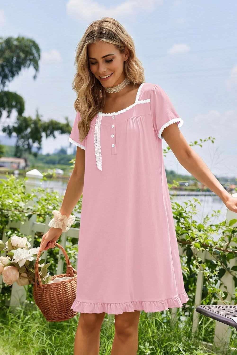 image:imageEkouaer Nightgowns for Women Short Sleeve Night Gowns Button Sleep Shirts Short Sleeve Moo Moos with Pockets Lace Trim Sleep Dress Ruffles Night Dress Sweet Sleepwear Daily Sleep Garden DatePink