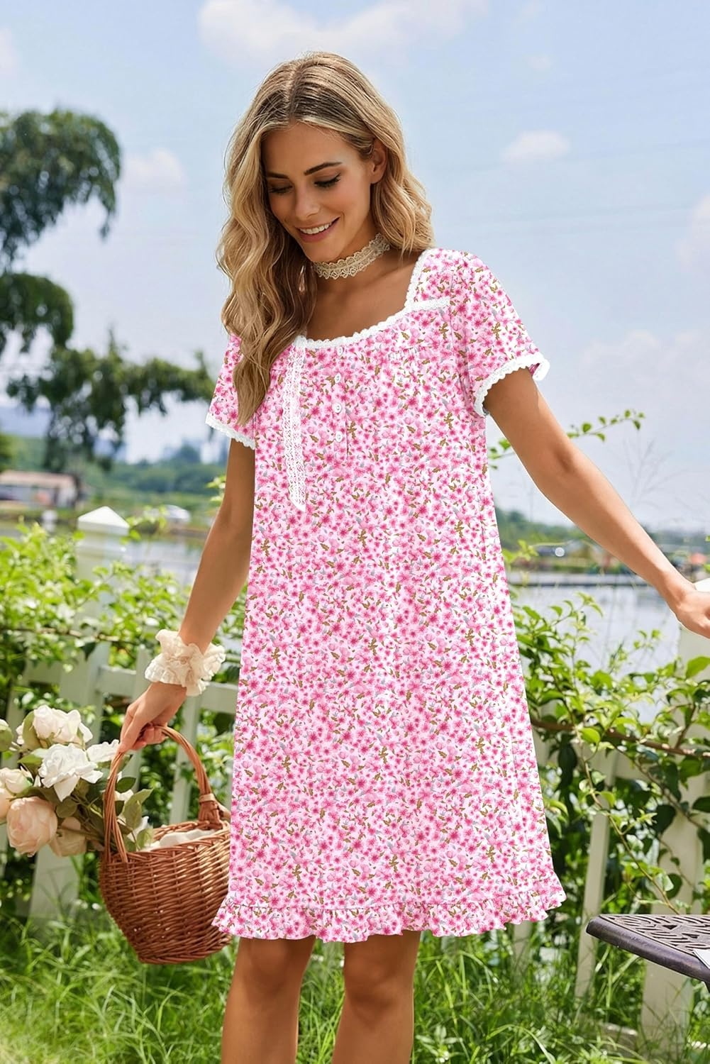 image:imageEkouaer Nightgowns for Women Short Sleeve Night Gowns Button Sleep Shirts Short Sleeve Moo Moos with Pockets Lace Trim Sleep Dress Ruffles Night Dress Sweet Sleepwear Daily Sleep Garden DatePink Floral