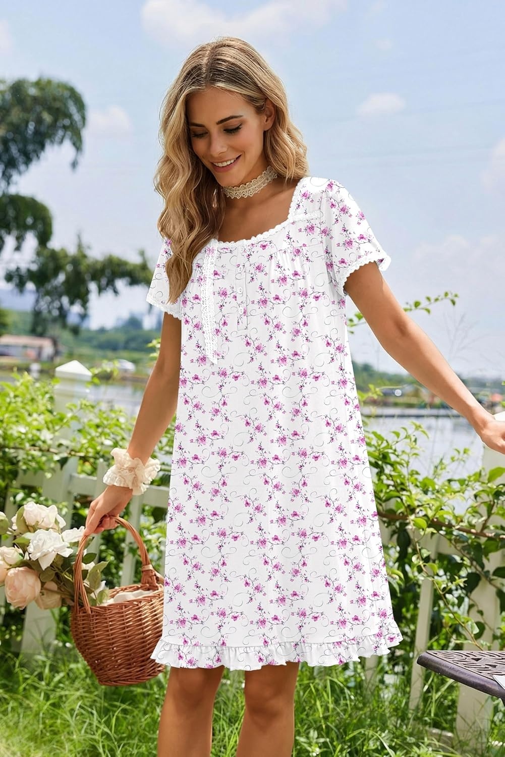 image:imageEkouaer Nightgowns for Women Short Sleeve Night Gowns Button Sleep Shirts Short Sleeve Moo Moos with Pockets Lace Trim Sleep Dress Ruffles Night Dress Sweet Sleepwear Daily Sleep Garden DateWhite Flowers