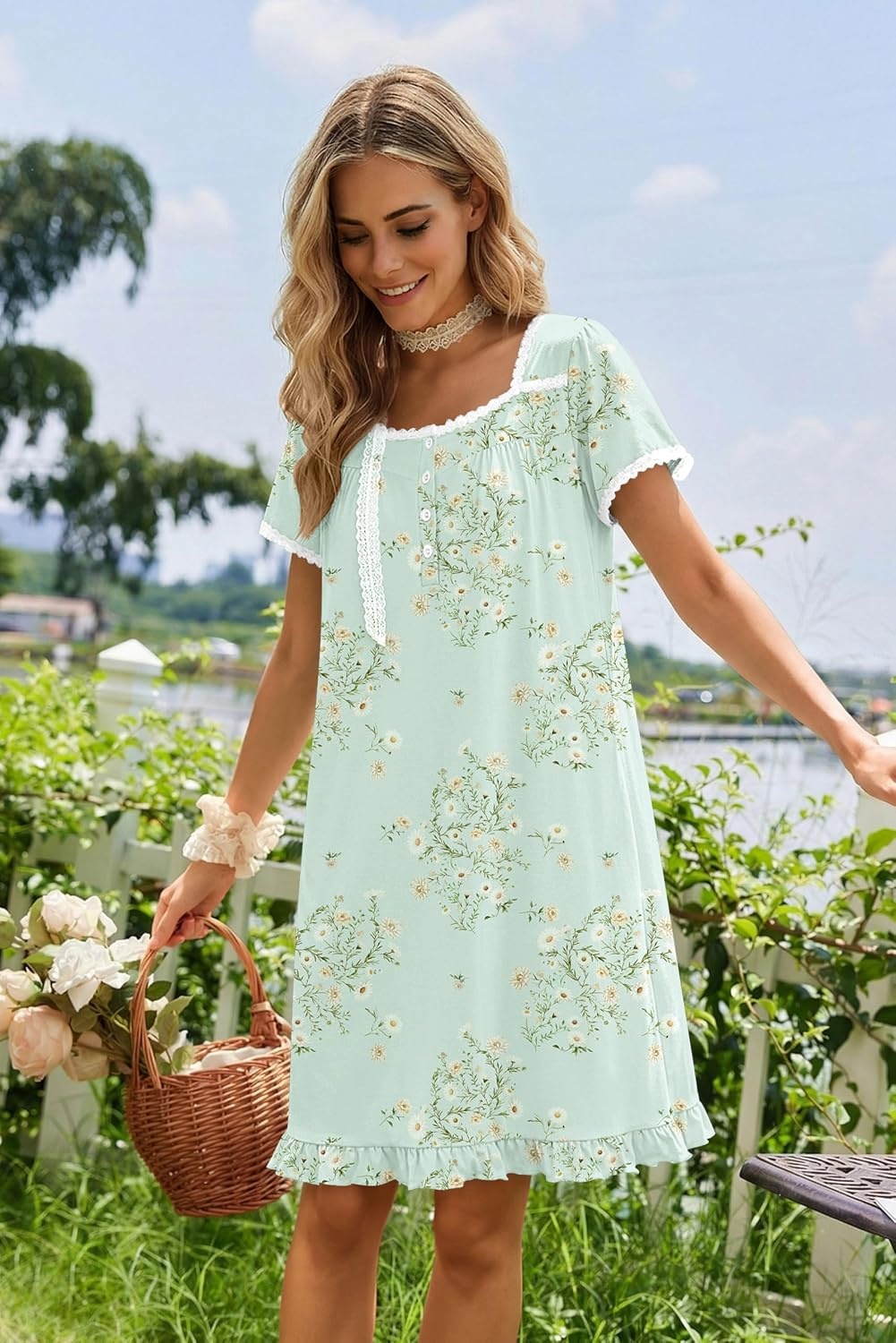 image:imageEkouaer Nightgowns for Women Short Sleeve Night Gowns Button Sleep Shirts Short Sleeve Moo Moos with Pockets Lace Trim Sleep Dress Ruffles Night Dress Sweet Sleepwear Daily Sleep Garden DateGreen Flowers
