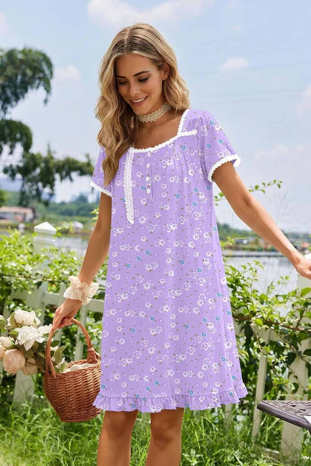 image:imageEkouaer Nightgowns for Women Short Sleeve Night Gowns Button Sleep Shirts Short Sleeve Moo Moos with Pockets Lace Trim Sleep Dress Ruffles Night Dress Sweet Sleepwear Daily Sleep Garden DatePurpleblue Flowers