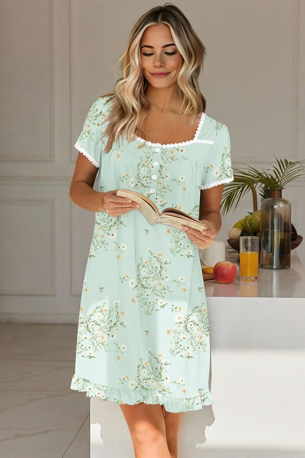 image:imageEkouaer Nightgowns for Women Short Sleeve Night Gowns Button Sleep Shirts Short Sleeve Moo Moos with Pockets Lace Trim Sleep Dress Ruffles Night Dress Sweet Sleepwear Daily Sleep Garden DateGreen Flowers