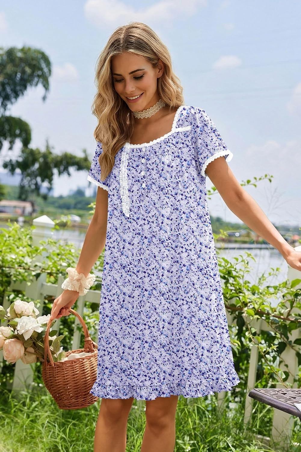 image:imageEkouaer Nightgowns for Women Short Sleeve Night Gowns Button Sleep Shirts Short Sleeve Moo Moos with Pockets Lace Trim Sleep Dress Ruffles Night Dress Sweet Sleepwear Daily Sleep Garden DatePurple Flowers