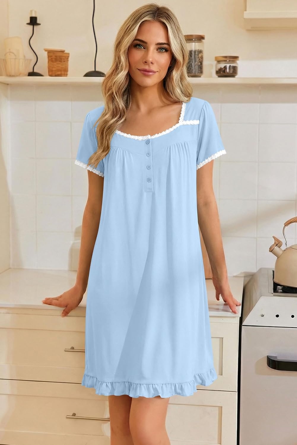 image:imageEkouaer Nightgowns for Women Short Sleeve Night Gowns Button Sleep Shirts Short Sleeve Moo Moos with Pockets Lace Trim Sleep Dress Ruffles Night Dress Sweet Sleepwear Daily Sleep Garden DateLight Blue