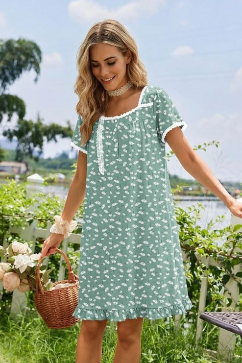 image:imageEkouaer Nightgowns for Women Short Sleeve Night Gowns Button Sleep Shirts Short Sleeve Moo Moos with Pockets Lace Trim Sleep Dress Ruffles Night Dress Sweet Sleepwear Daily Sleep Garden DateGreen Floral