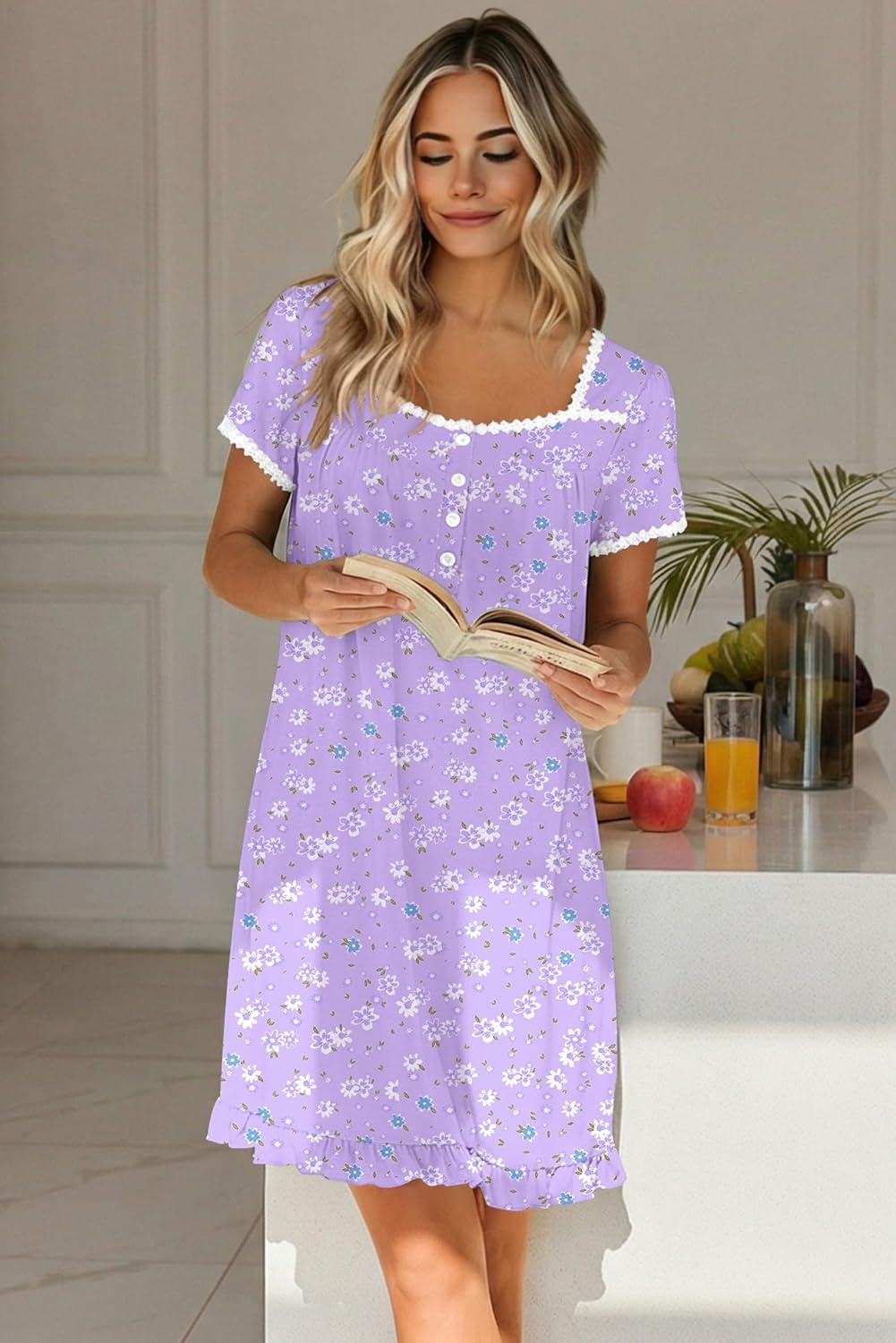image:imageEkouaer Nightgowns for Women Short Sleeve Night Gowns Button Sleep Shirts Short Sleeve Moo Moos with Pockets Lace Trim Sleep Dress Ruffles Night Dress Sweet Sleepwear Daily Sleep Garden DatePurpleblue Flowers
