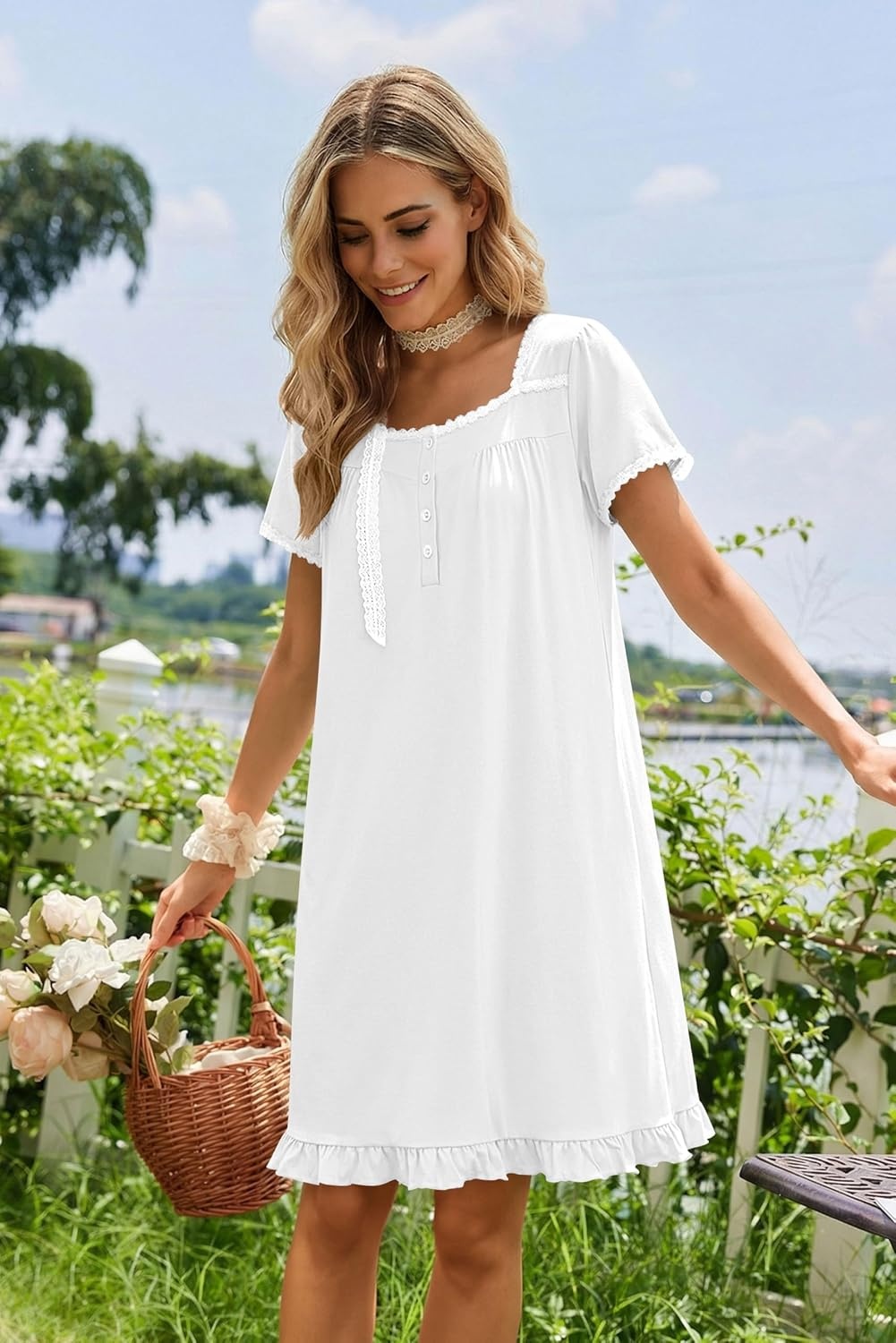 image:imageEkouaer Nightgowns for Women Short Sleeve Night Gowns Button Sleep Shirts Short Sleeve Moo Moos with Pockets Lace Trim Sleep Dress Ruffles Night Dress Sweet Sleepwear Daily Sleep Garden DateWhite
