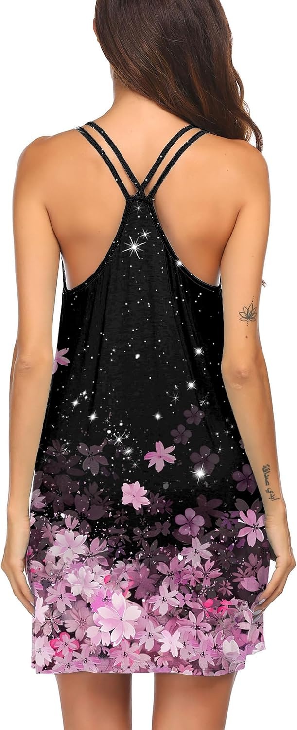image:imageEkouaer Nightgowns for Women Sleeveless Nighties Sexy V Neck Sleep Dress Chemise Sleep Shirt Racerback Night Shirt Cami Sleepwear Soft Nighty Night Dress Summer Date Night Seaside BeachBlack Pink Flower