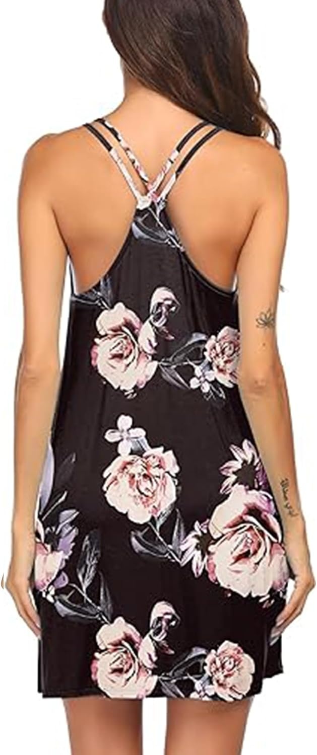 image:imageEkouaer Nightgowns for Women Sleeveless Nighties Sexy V Neck Sleep Dress Chemise Sleep Shirt Racerback Night Shirt Cami Sleepwear Soft Nighty Night Dress Summer Date Night Seaside BeachBlack Floral