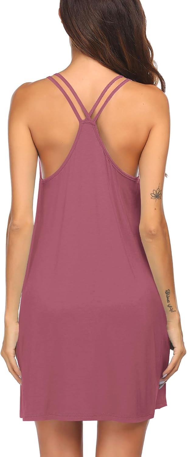 image:imageEkouaer Nightgowns for Women Sleeveless Nighties Sexy V Neck Sleep Dress Chemise Sleep Shirt Racerback Night Shirt Cami Sleepwear Soft Nighty Night Dress Summer Date Night Seaside BeachPeach Red